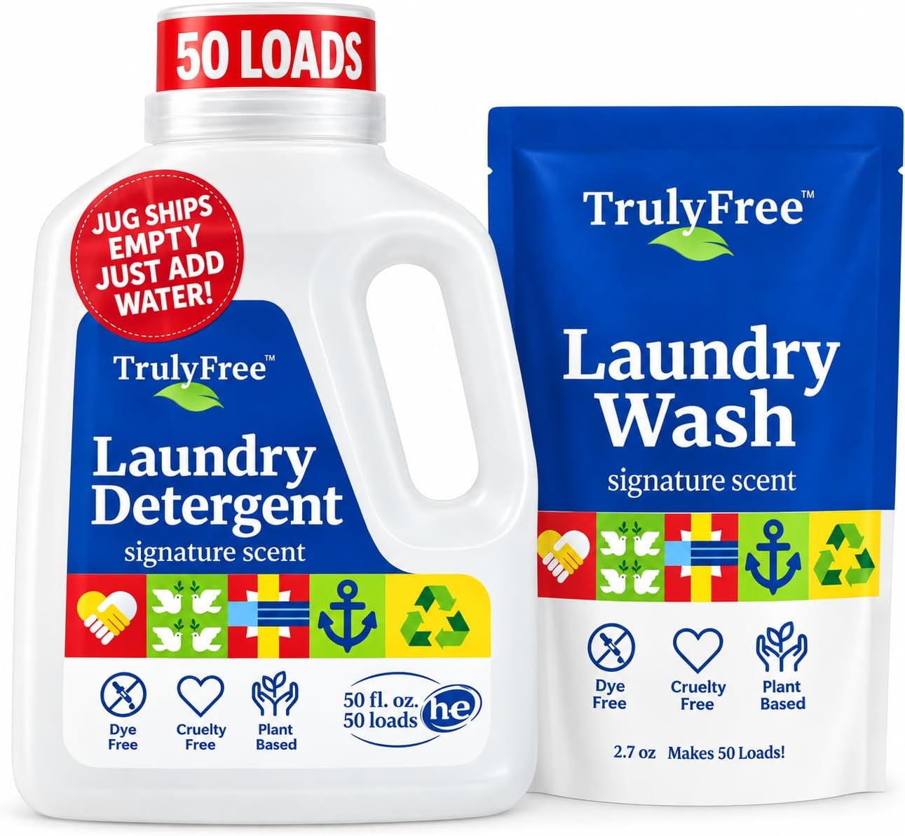 Natural Laundry Detergent - 1 Jug + 1 Fill Pack, 50 Loads | For Sensitive Skin, Eco-Friendly, Plant-Based, Baby Clothes Safe, Clean & Easy Powder to Liquid, Signature Scent