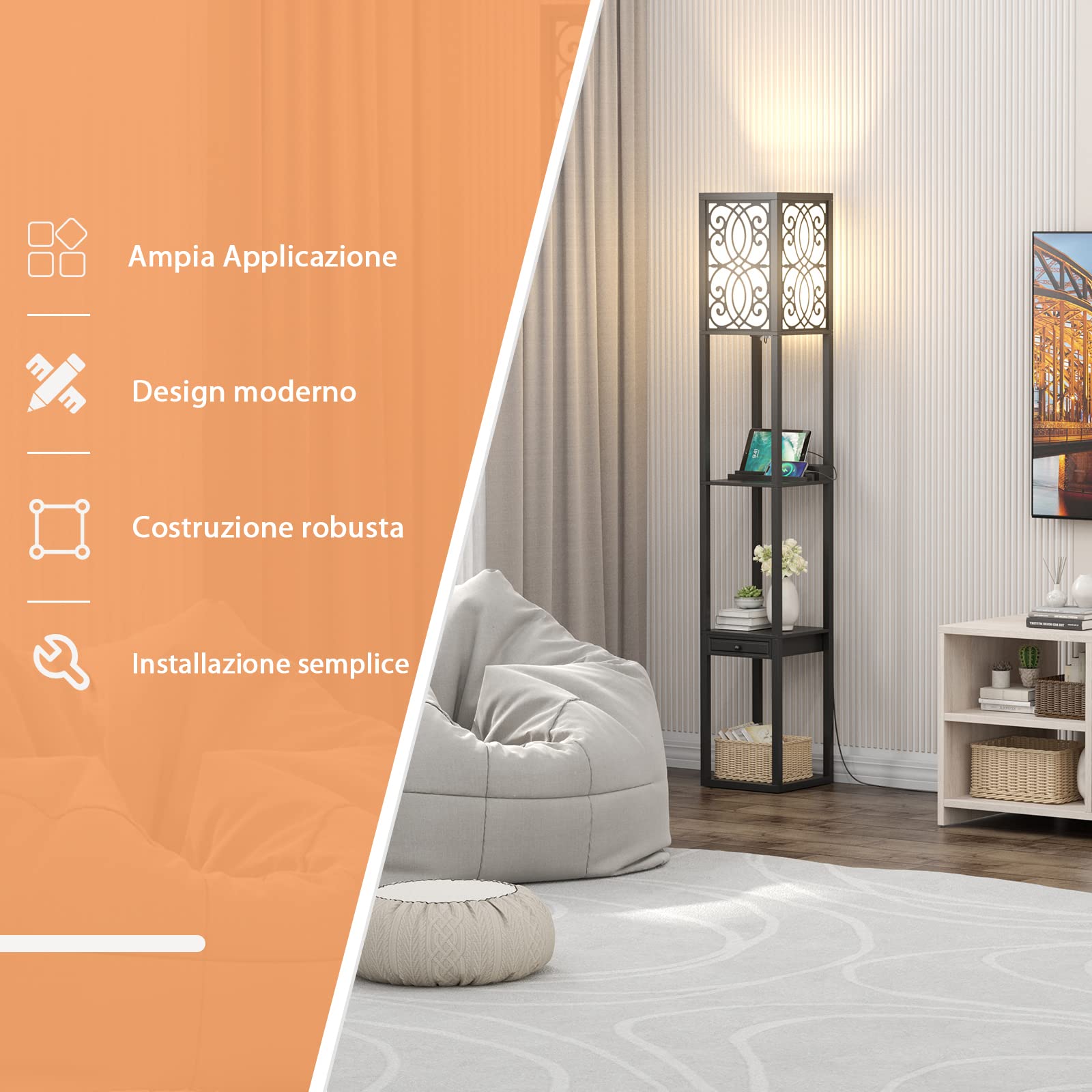 RELAX4LIFE Lampada da Terra con Cassetto, 3 Ripiani, 2 Porte USB, Base E27, Luce Decorativa per Camera da Letto Ufficio Hotel (Paralume Singolo, Arabesco)