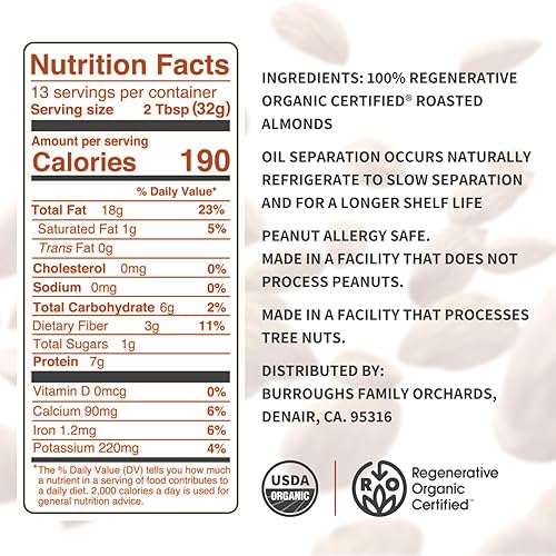 Vista 2 de Mantequilla de almendra cremosa orgánica USDA, 14 oz – Sin aceite de palma, sin azúcar añadida – Mantequilla de almendra con el doble