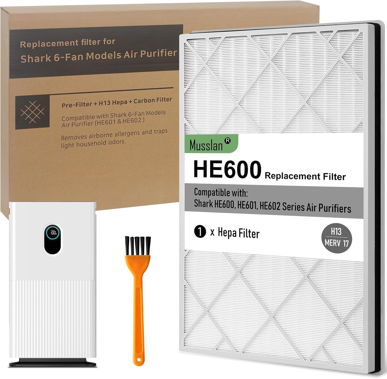 Musslan HE601 Filter for Shark Air Purifier 6 Model HE601 HE602, HE6FKPET, HE6FKBAS, HE6FKPRO, 3-Stage Filtration System of H13 True HEPA and Pre-Filter