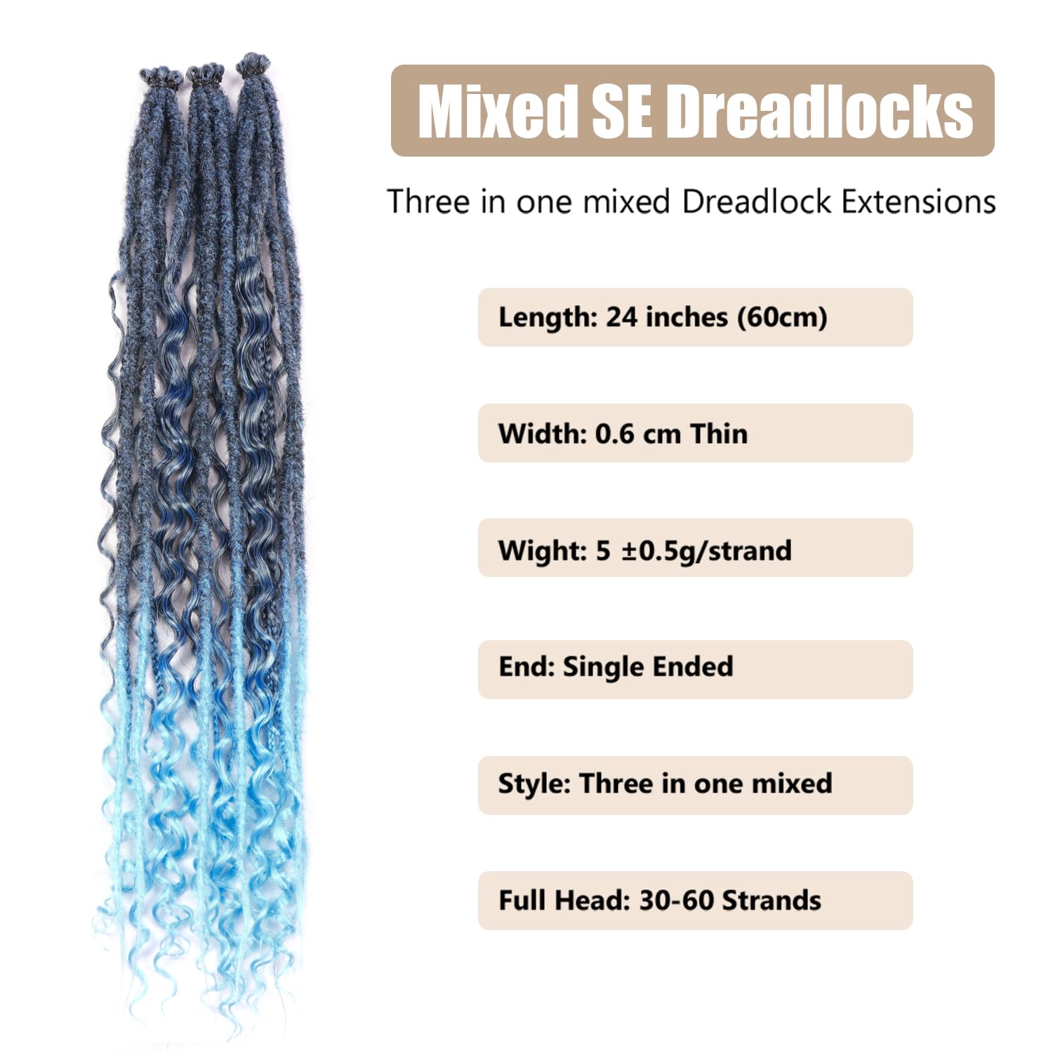 24 Inch Synthetic Dreadlock Extensions Hippie Single Ended Dreads 0.6 cm Width Loc Extensions Reggae Style Crochet Hair for Women (T1B/Light Blue - Image 2