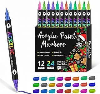 24 Colors Acrylic Paint Markers,Dual Tip Drawing Marker Pen for Rock Painting,Ceramic,Wood,Plastic,Calligraphy,Scrapbooking,Brush Lettering,Card Making,DIY Crafts