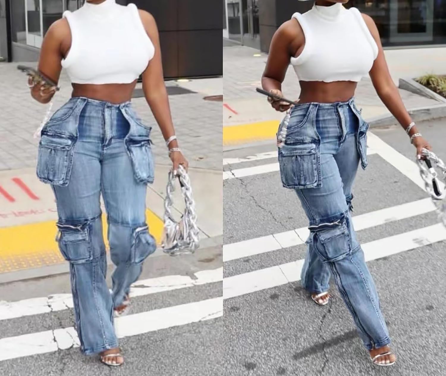 Vakkest Denim Cargo Jeans for Women High Waisted Loose Baggy Straight Wide Leg Stretch Pants Y2K Streetwear with Flap Pockets - Image 4