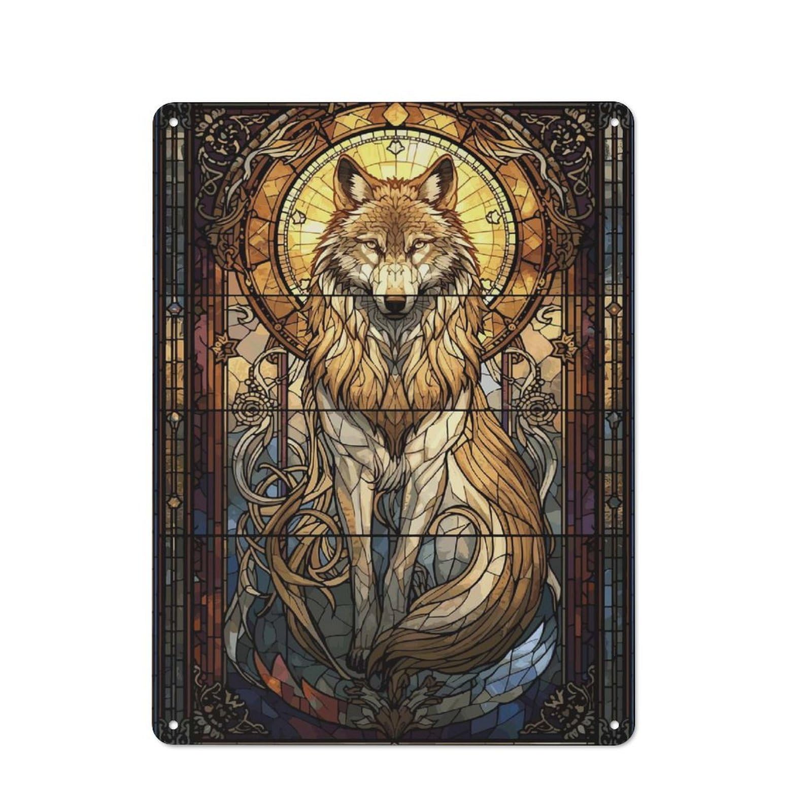 Junmoney Style-8 Vintage Vintage Metal Sign 40X30cm Featuring Stained Glass Wolf, Restaurant Wall Art For Takeaway, Bar, Kitchen Or Counter Area