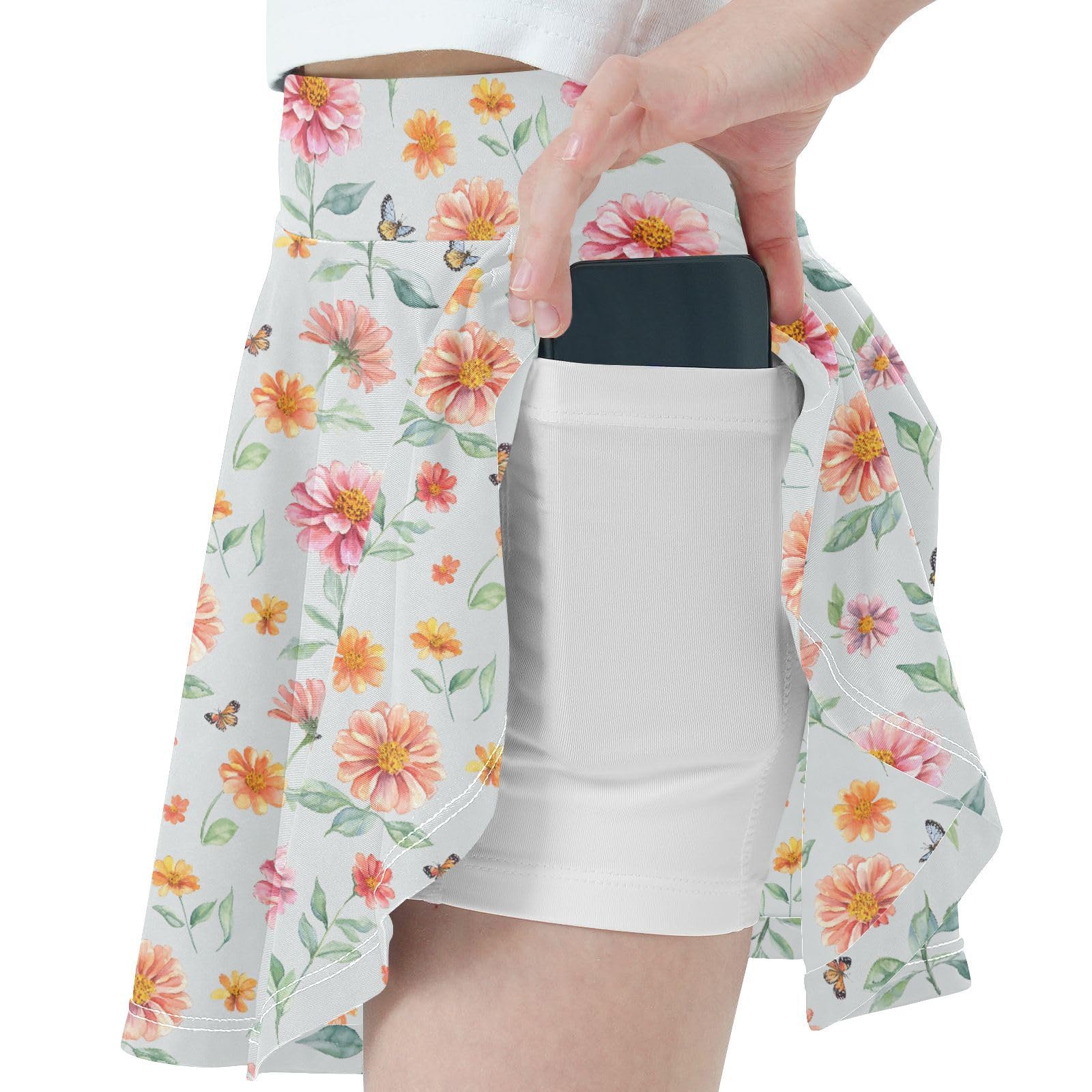 Florals Grey Girls Tennis Skirt with Shorts Flowy Golf Skirts for Little Girls Kids Pleated Tennis Skirt with Pockets 4-12Y