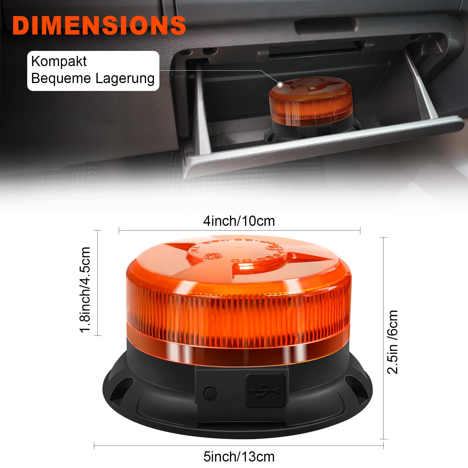 AnTom 2 Stück Rundumleuchte LED - 9 Blitzmuster, Gelbe LED Warnleuchte mit Magnet, Autoladekabel und USB-Kabel für Lkw, Traktor, SUV, Golfwagen, Notfallfahrzeuge und Baustellen [Energieklasse A+++]