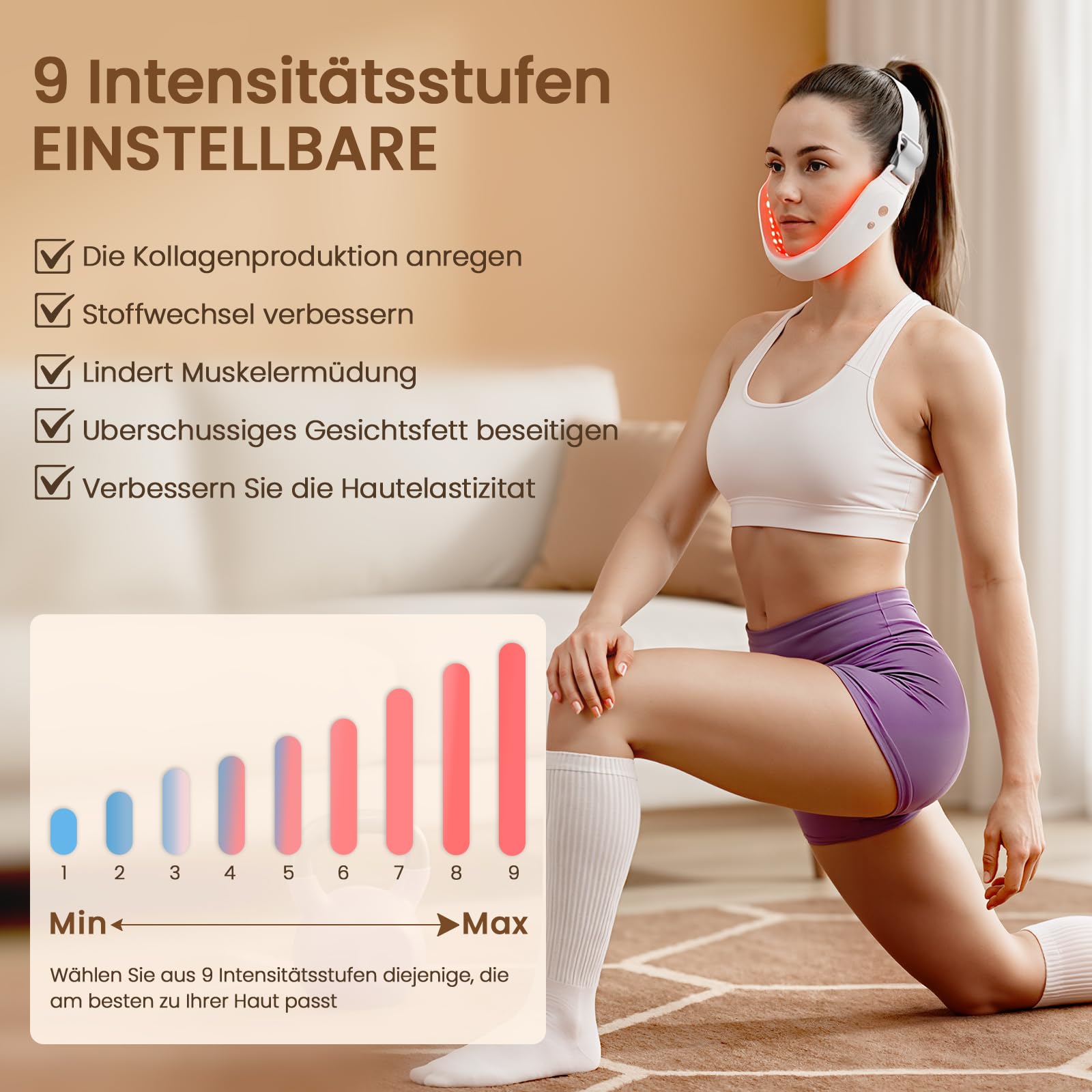 Doppelkinn Entferner, Elektrischer V-Form Gesichtsmassager mit 4 EMS-Modi & 9 Intensitätsstufen, 42°C Rot- und Blaulichttherapie, USB-C aufladbar, Face Lifting Gerät gegen Doppelkinn (Weiß)