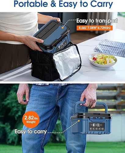 Miniatura 6 de Fiambrera eléctrica inalámbrica para adultos Fiambrera calentada a batería con recipiente de acero inoxidable de 1.2 L, función de temporizador y