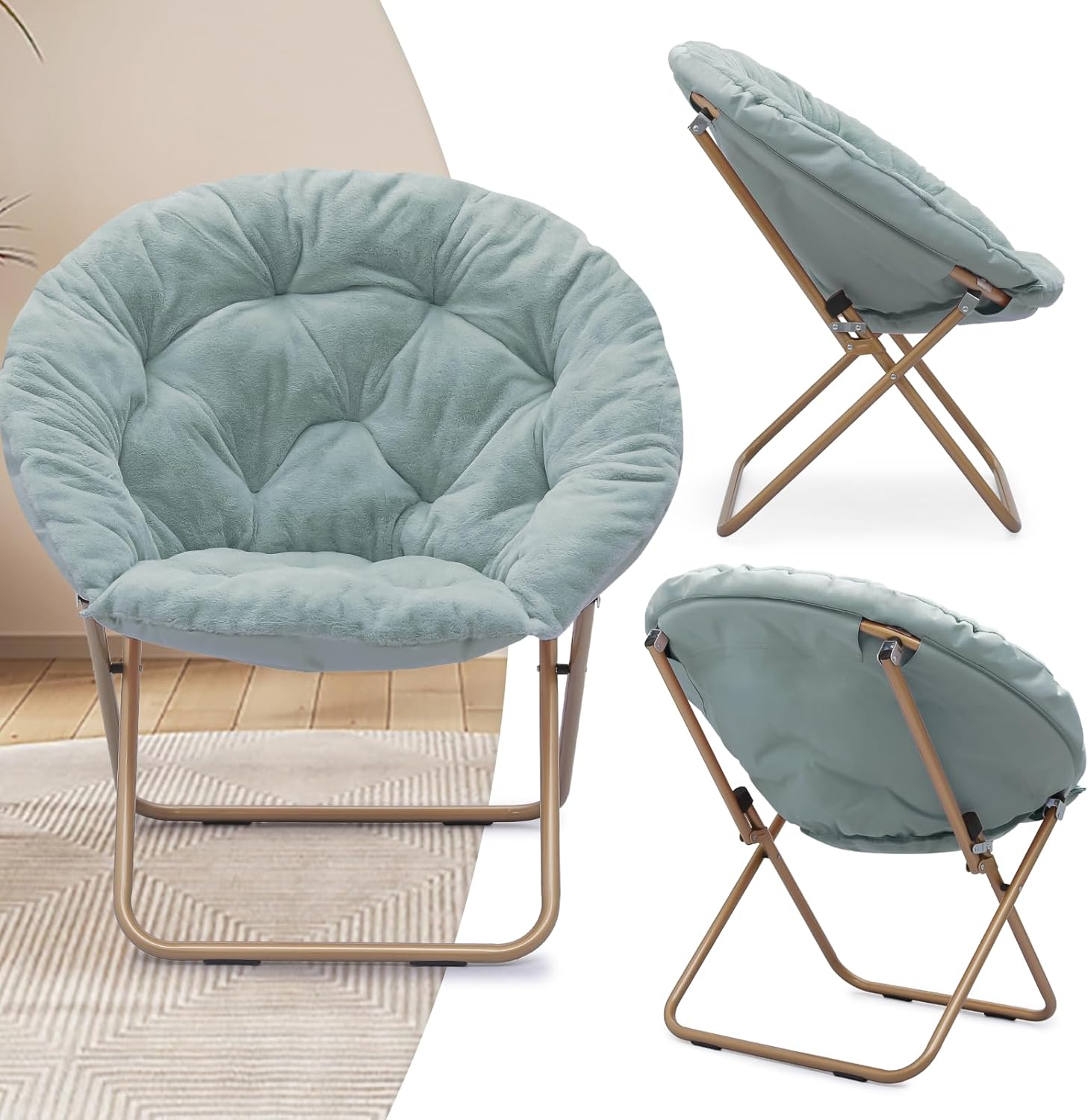 Magshion Folding Saucer Chair for Adults with Ottoman, Circle Reading Chair for Bedroom, Living Room & Dorm, Furry Comfy Accent Seat with Metal Leg & Thick Padded for Small Spaces (Teal, 2 Pack)