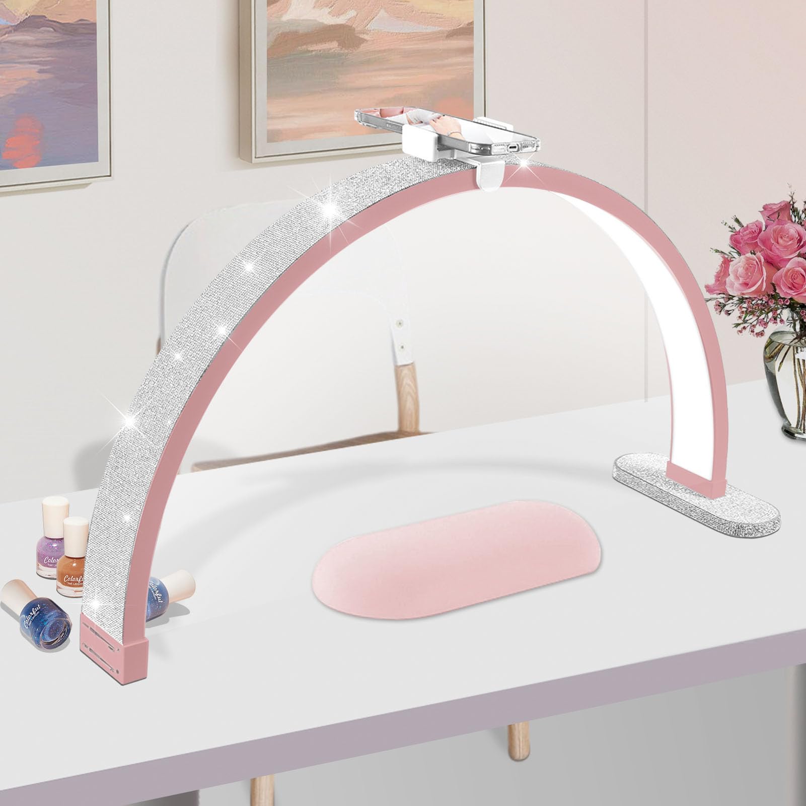 Luce a mezza luna per scrivania per unghie, lampada da tavolo a LED a mezza luna con strass lucidi per estetisti, nail tech, cosmetista, lampada per ciglia con regolazione touch e regolazione