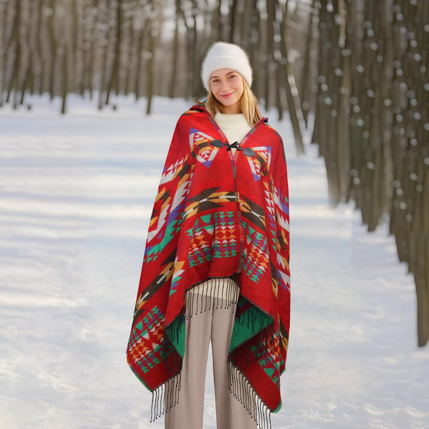 Uyuni Women's Bohemian Casual Shawl Fringe Poncho Loose Vintage Patterned - Image 3