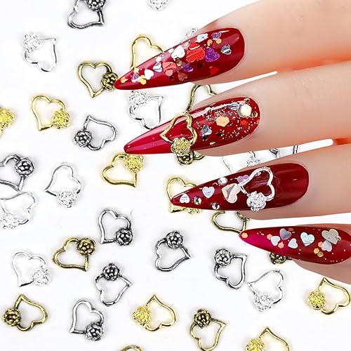 Miniatura 1 de 40 dijes de uñas de corazón dorado huecos de amor suministros de arte de uñas de metal brillante plata antigua dorada corazón colgante de uñas para