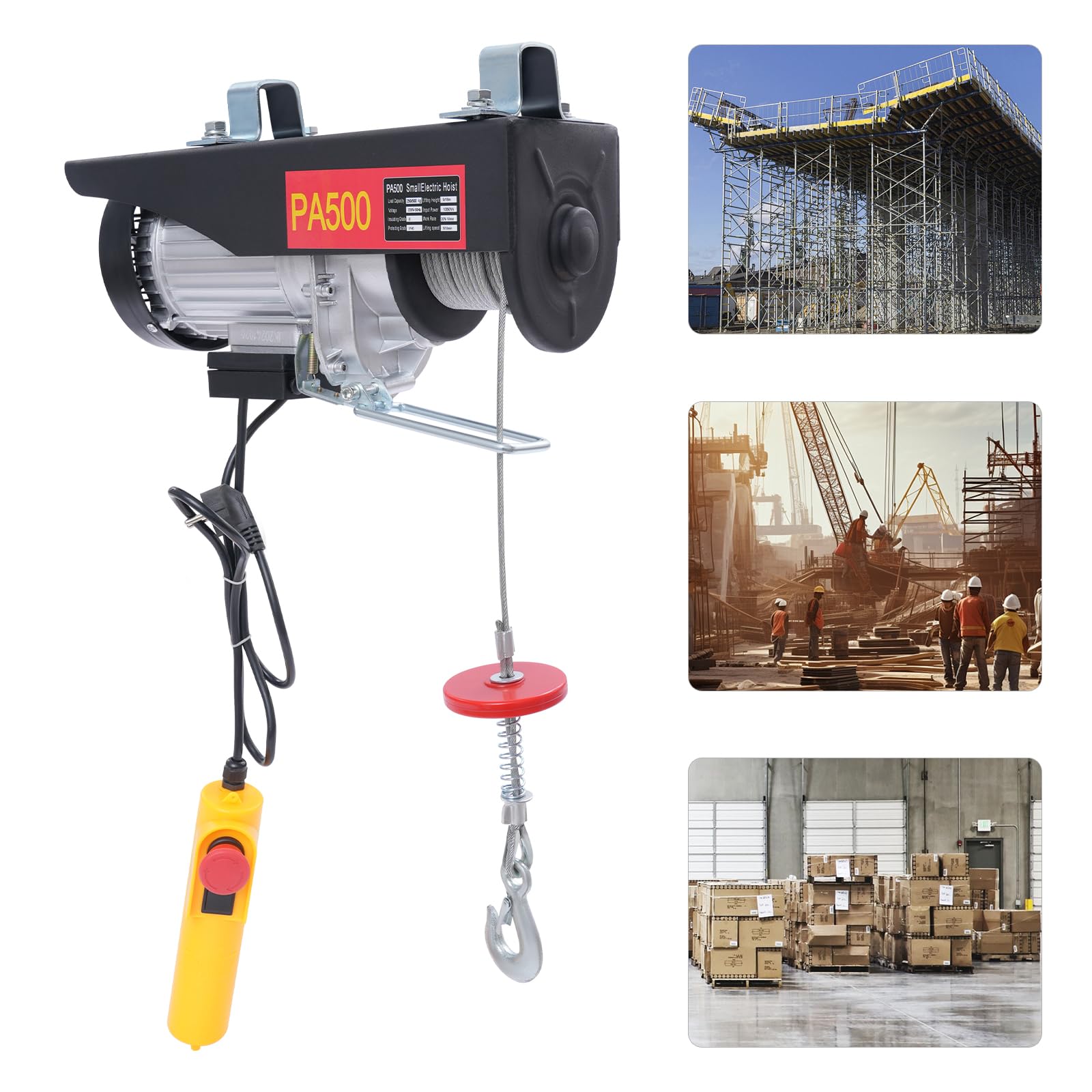 Paranco elettrico da 1050 W, 500 kg (doppio cavo)/250 kg (cavo singolo) 9 m/18 m, due modalità di sollevamento, verricello elettrico con controllo cablato per fabbriche/officine, con emergenza
