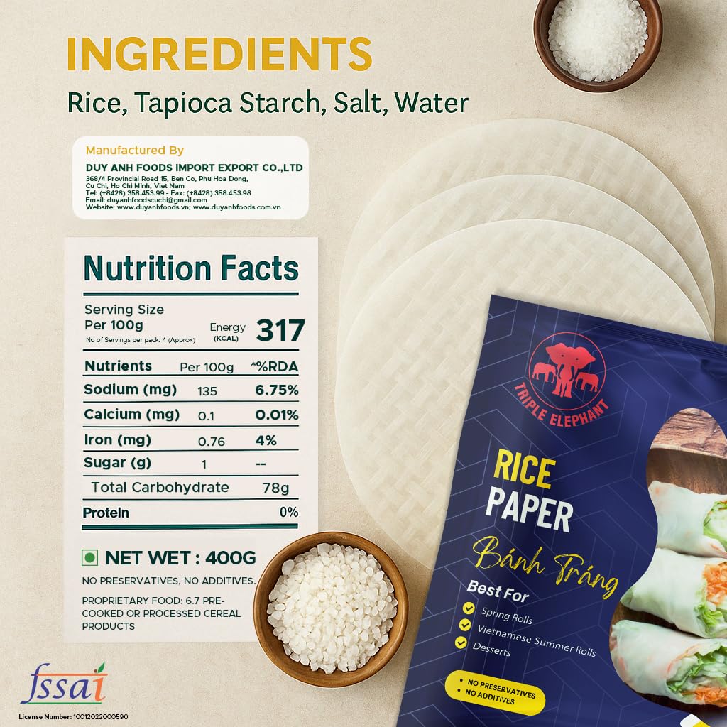 Triple Elephant Rice Paper Banh Trang - 400g | Authentic Vietnamese Spring Roll Wrapper for Fresh Rolls, Pho, and More - Image 2 thumbnail