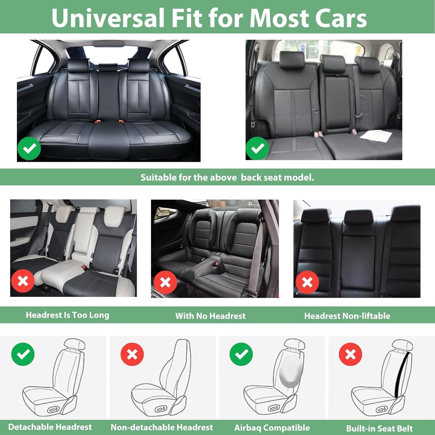 Couvre-Sièges De Voiture en Cuir, Coussin De Siège Imperméable Compatible avec Airbag, Protège-Sièges Universel pour La Plupart des SUV, Berlines Et Camions (Noir, Ensemble Complet)