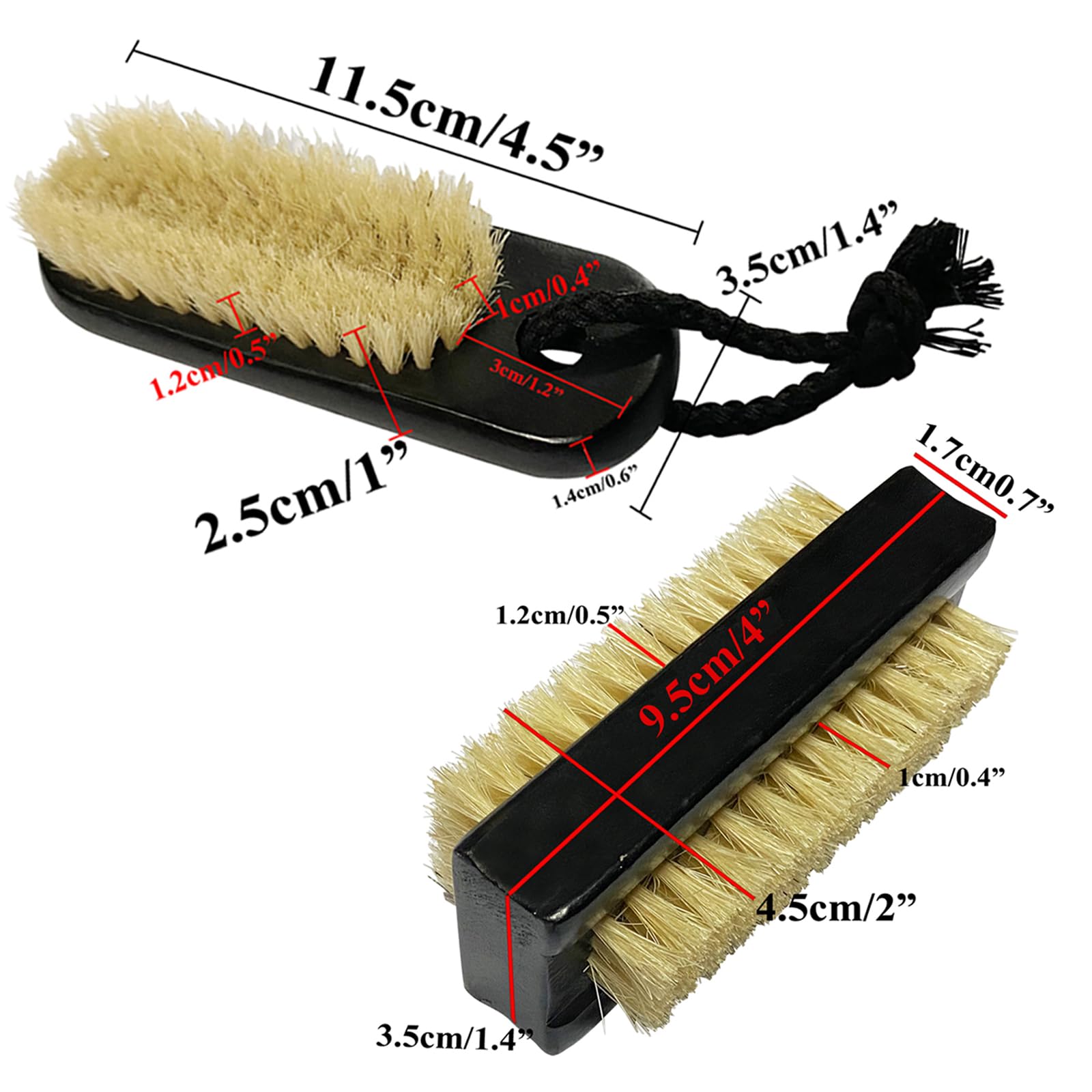 Cepillo de Uñas de Madera Negro x 2 Pulgadas Natural Cerdas de Jabalí para Limpiar los Dedos de la Mano, Dedos del pie para Hombres, Mujeres, Niños, Pedicura Manicure (Dos Caras + Cuerda)
