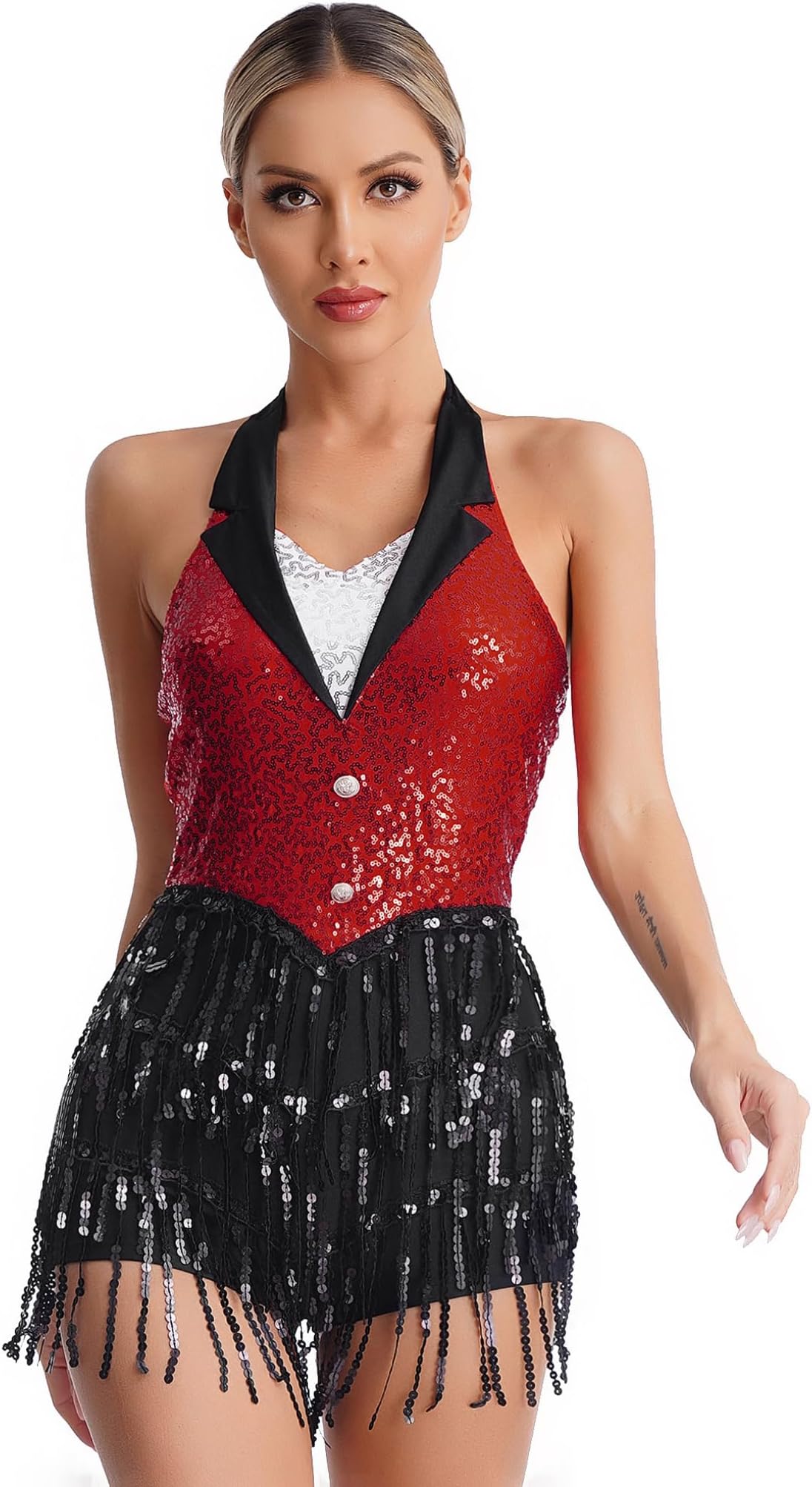 Freebily Women's Modern Dance Costumes Shiny Sequins Sleeveless Latin Jazz Tango Salsa Dance Leotard Bodysuit