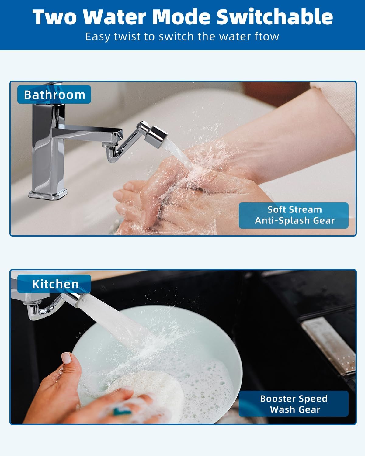 Hibbent 1080° Swivel Faucet Extender, Metal Rotatable Sink Faucet Aerator with Metal Extension, Dual Function 2 Modes Kitchen & Bathroom Sink Sprayer, Faucet Attachment for Gargle/Eye/Face Washing