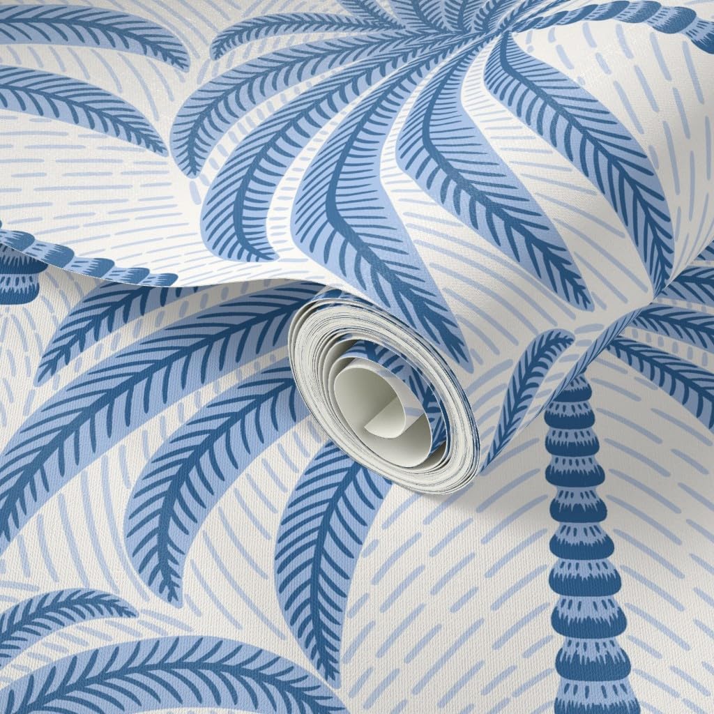 Spoonflower Peel & Stick Wallpaper 3ft x 2ft - Palm Trees Blue and White Large Scale Tropical Palms Geometric Coastal Nautical Custom Removable Wallpaper