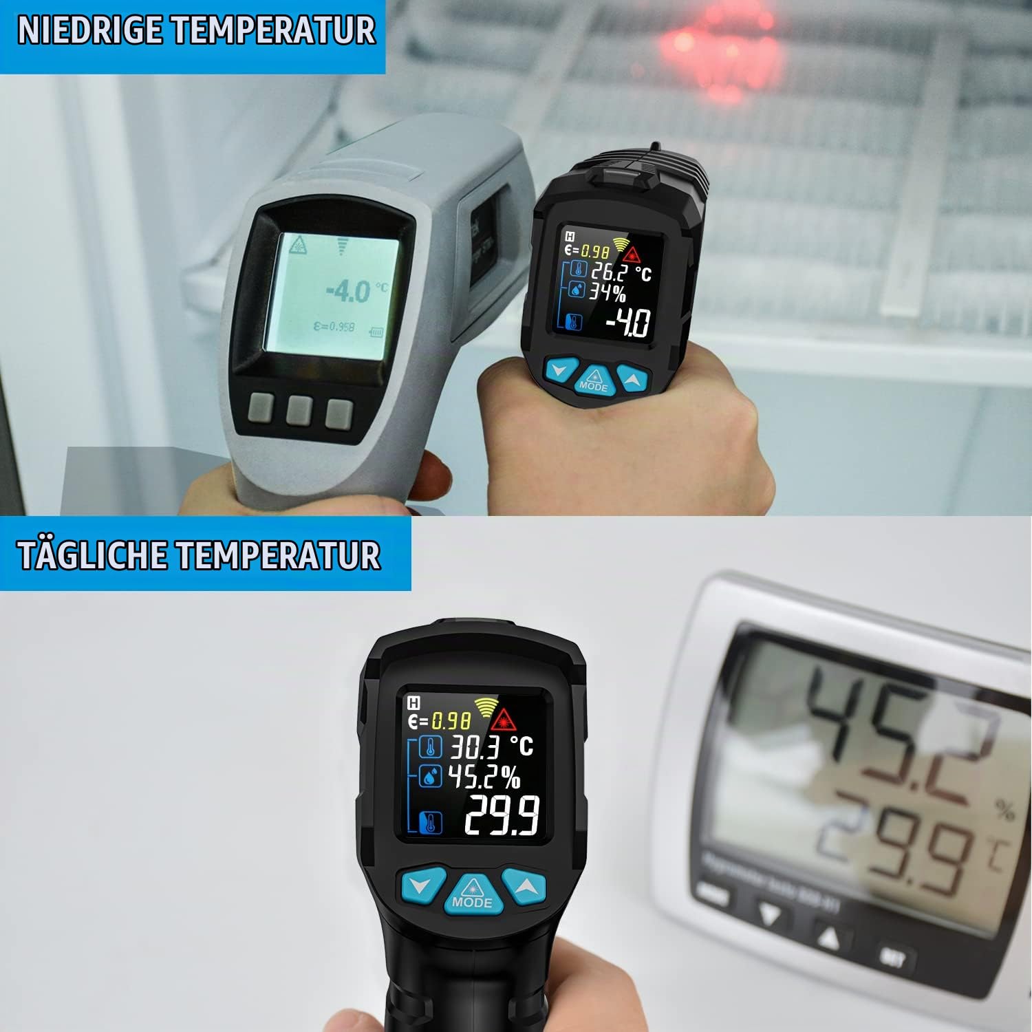 Infrarot Thermometer MESTEK Temperaturmessgerät Digital Laser Thermometer IR Pyrometer Gun -50°C ~ 800°C Berührungslos mit Farbe lcd Einstellbarer Emissionsgrad Küche Grill Gefrierschrank Industrie