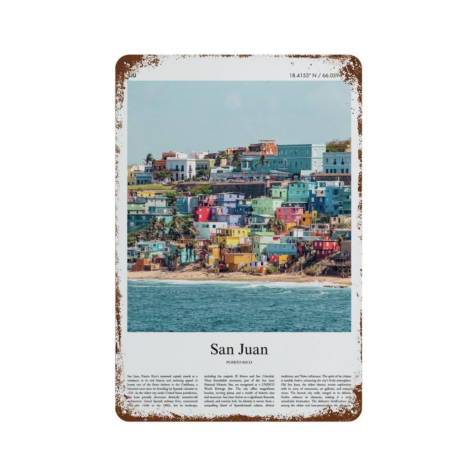 xiaoxiaoshen San Juan Puerto Rico City Scenery Wall Decor Art Metal Tin Poster Modern Home Decor Art Home Bar Shop Decorations Vintage Sign 30x20cm