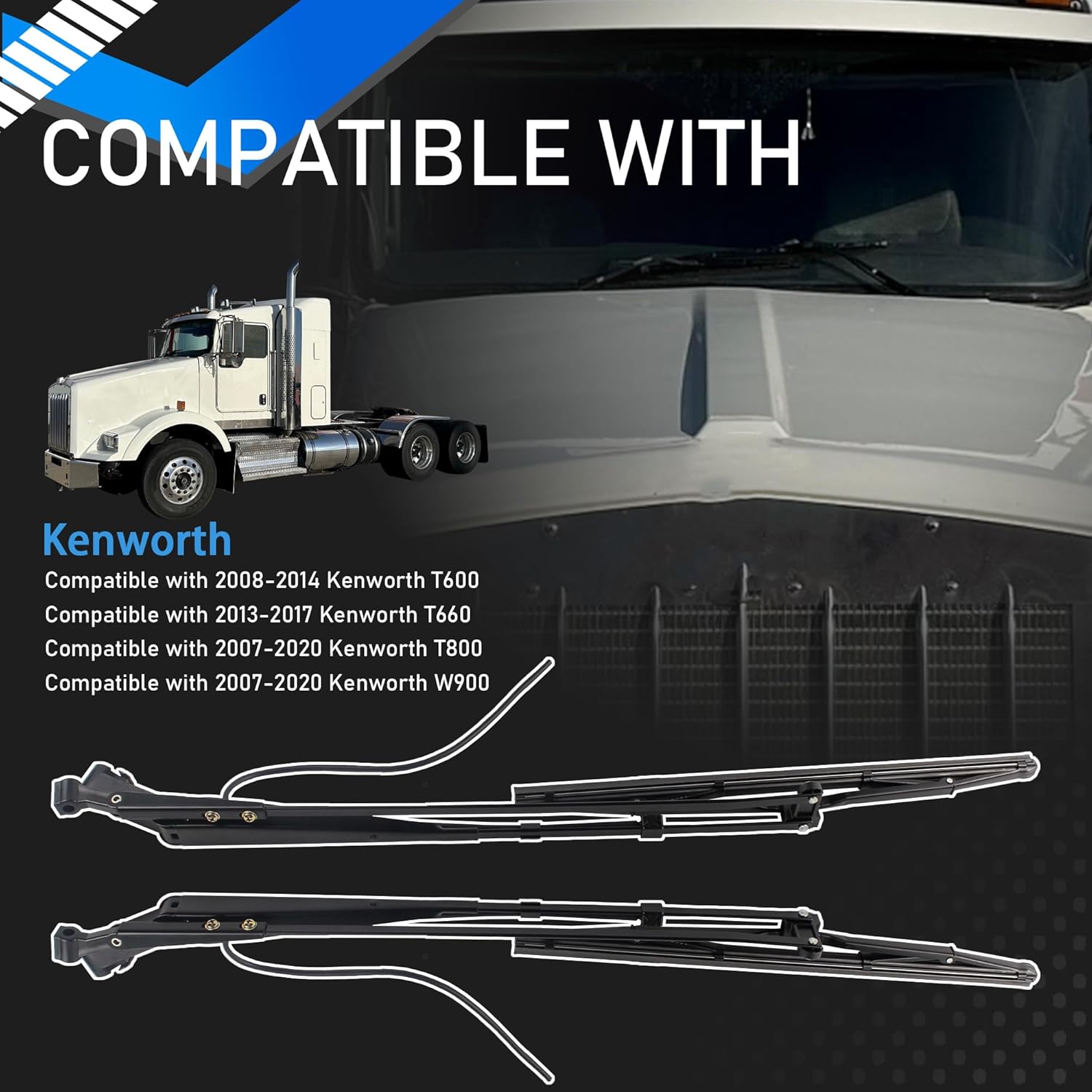 2-Pcs Front Driver and Passenger Side Windshield Wiper Arm Pair Kit with Spray Nozzle and Blade Compatible with 2007-2020 Kenworth T600 T660 T800 W900 Replaces 602-5405 HLK7013 R23102922