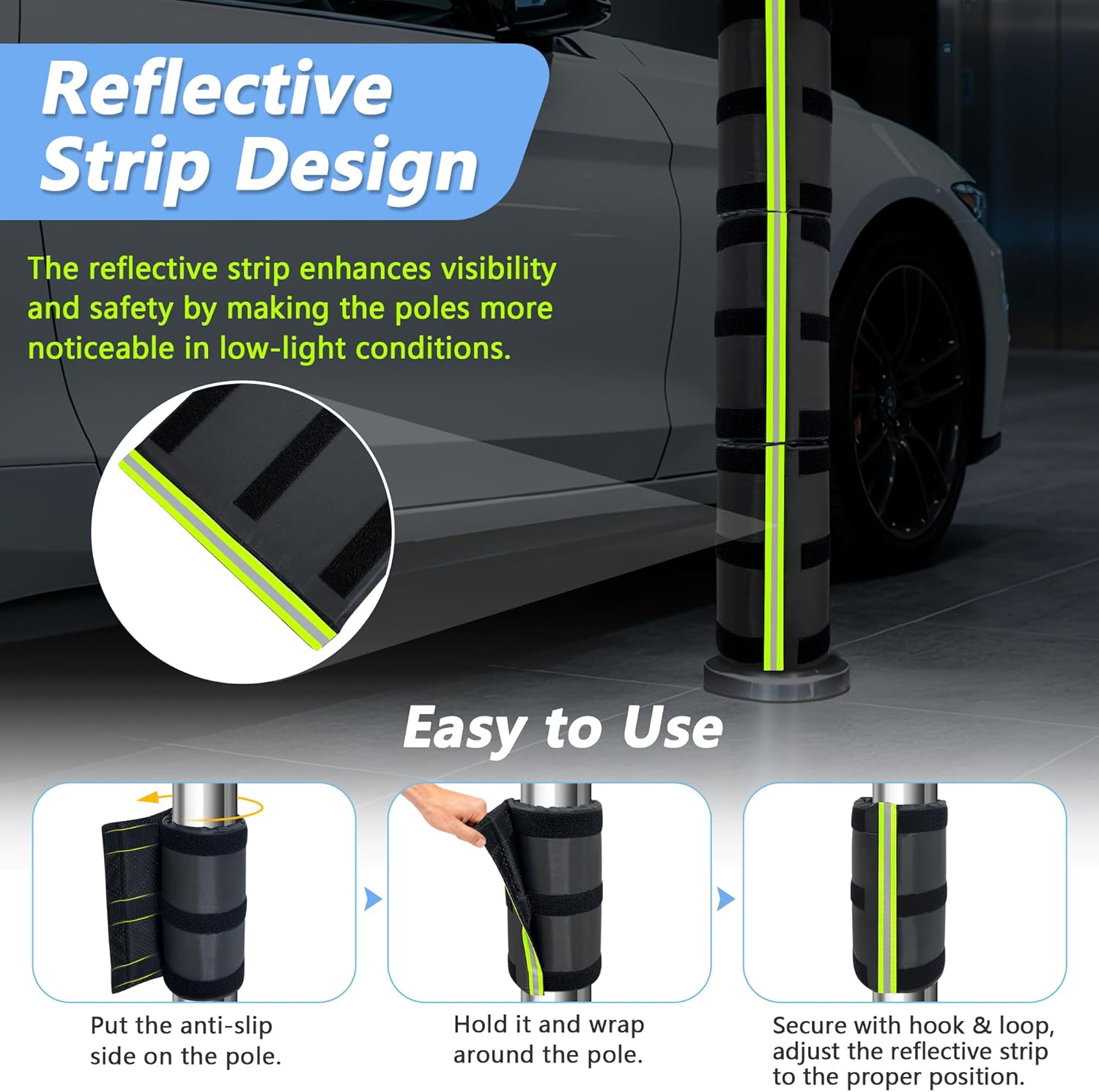 Garage Pole Padding Wrap Around, Basement Pole Wrap Column Cover with Anti Slip Fabric, Poles Protector Padding with Reflective Strip, 12x24 Inches Poles Pads for Garage, Basement, Playground (4 Pack)