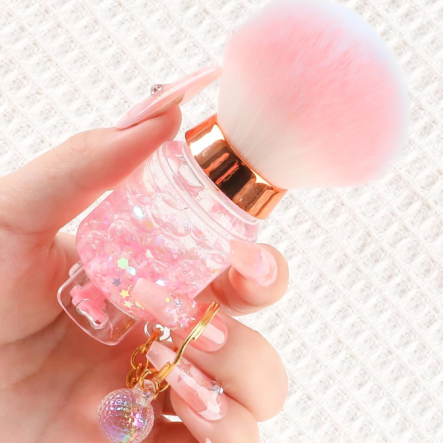heemeei Nail Dust Brush for Acrylic Nails, Nail Art Dust Powder Remover Brush with Sequins and Liquid Dandle, Soft Kabuki Nail Art Dust Clean Pink