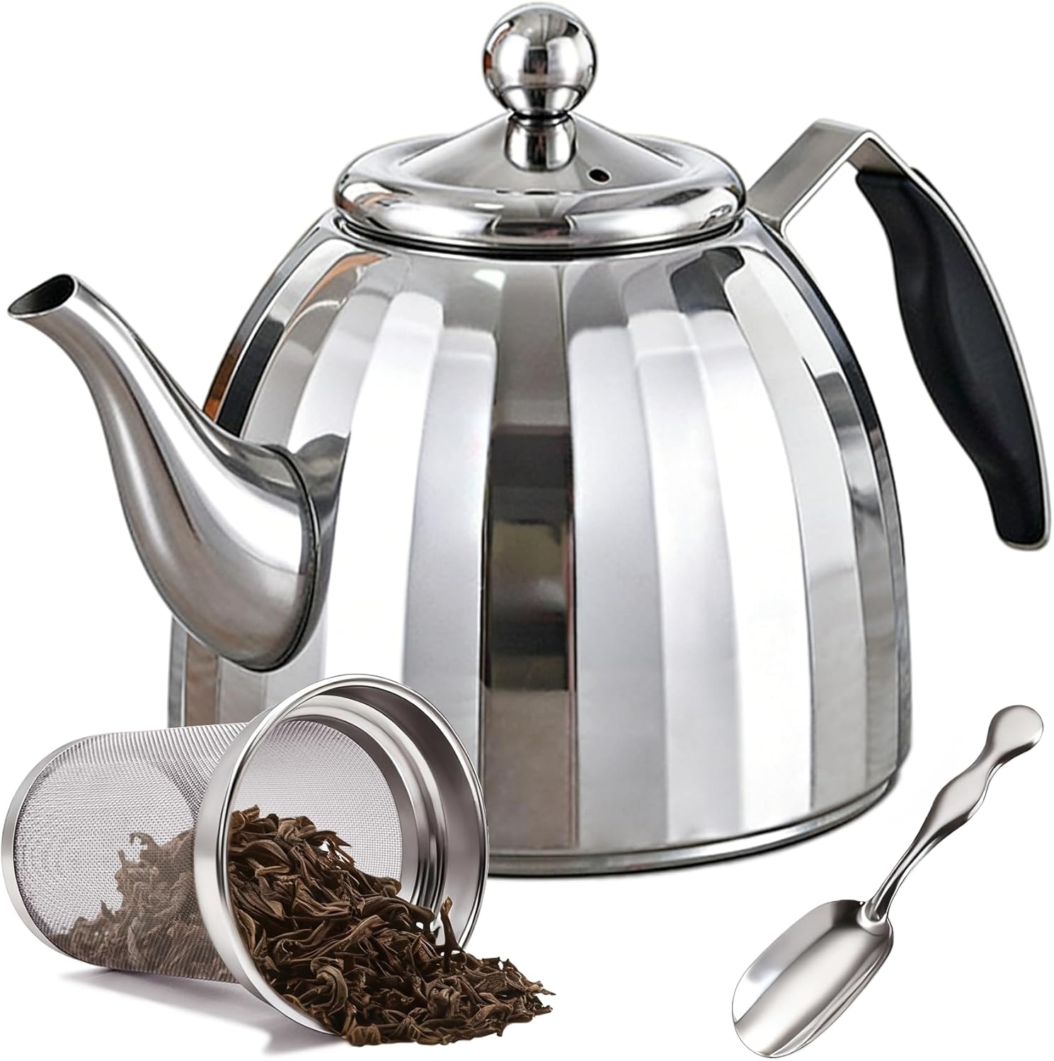 Stainless Steel Tea Pot with Removable Infuser – Loose Leaf Tea Maker, Home & Kitchen Teapot – Large 67.6 oz, Stovetop Safe Teapot for Tea/Coffee, Mirror Finish (2000ml)