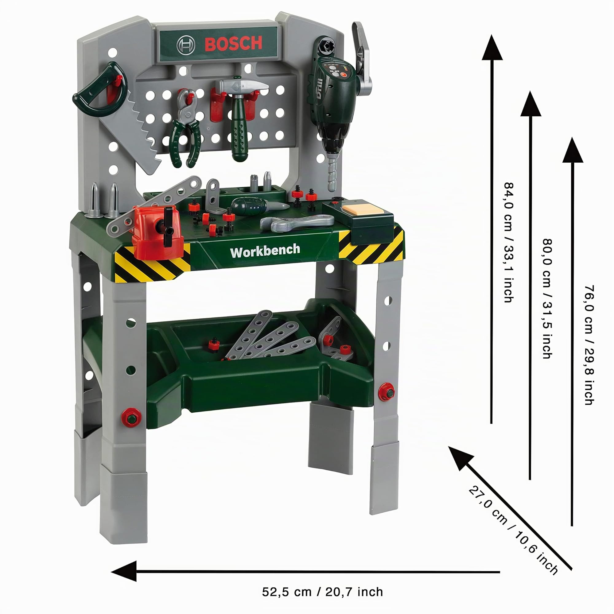 Klein 8637 Etabli Bosch Workbench | Réglable en hauteur | Plan de travail avec de nombreuses fonctions et des outils à piles | Nombreux accessoires | Dimensions : 52,5 cm x 27 cm x 84 cm | Dès 3 ans