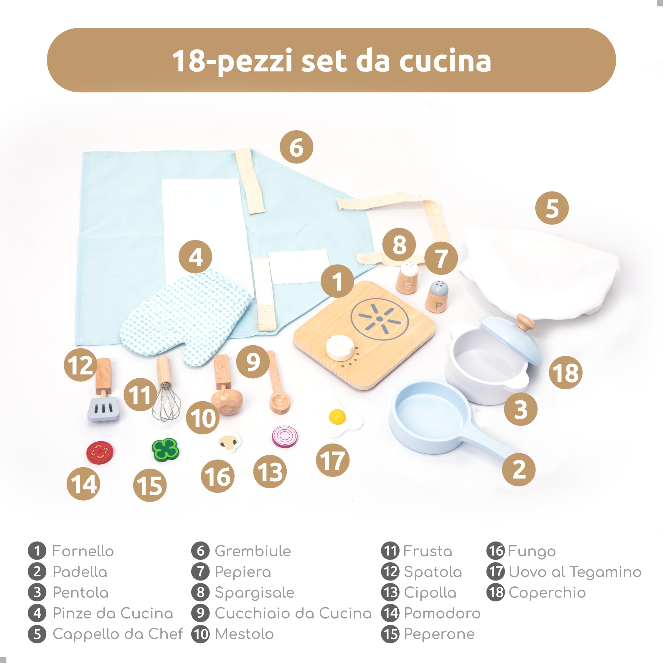 UMU - Kit da cucina in legno per bambini, con stoviglie, pentole, padelle, grembiule, cibo