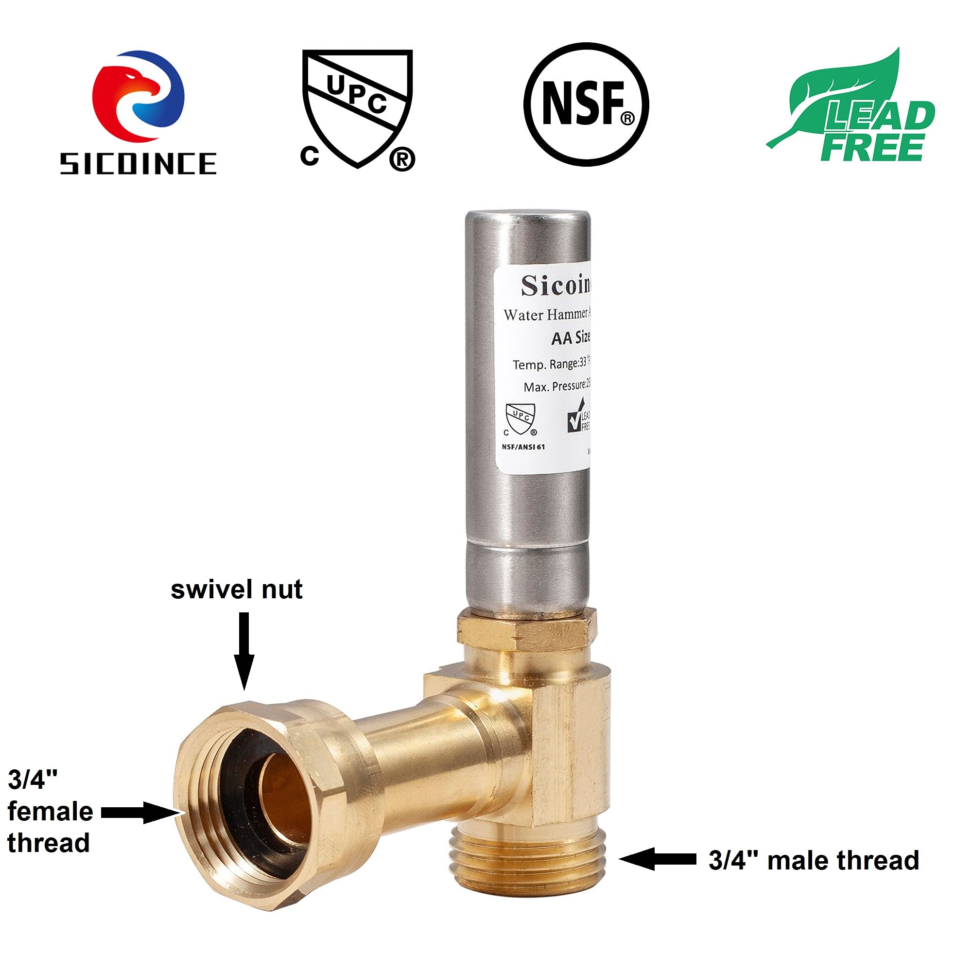 sicoince Water Hammer Arrestor Washing Machine 3/4 Inch, Stop Hammering