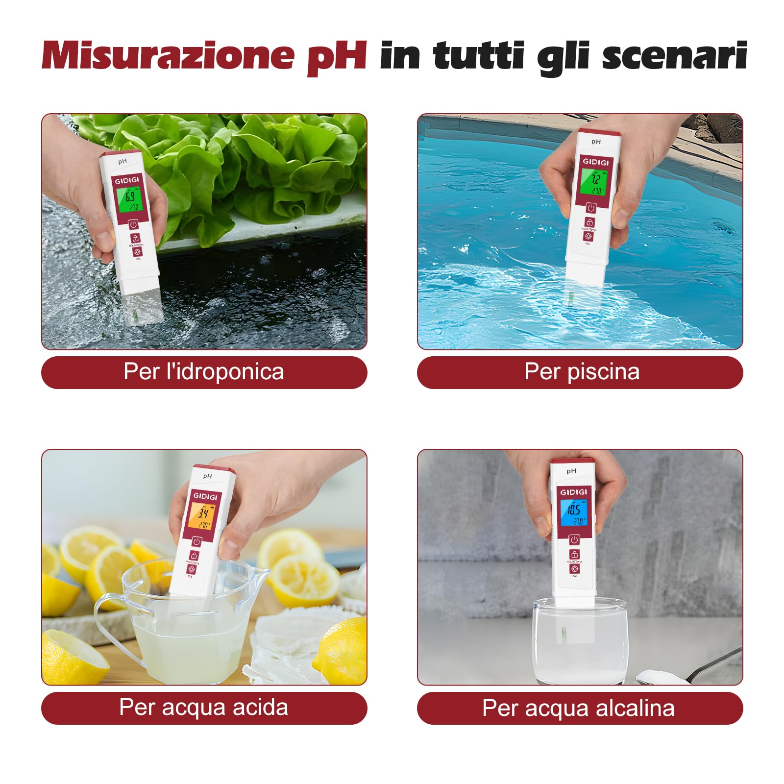 Misuratore di pH per acqua con display a colori, misuratore di pH digitale professionale, kit di calibrazione del pH analizzatore di qualità dell'acqua per piscine, terme, idroponica, acquari e