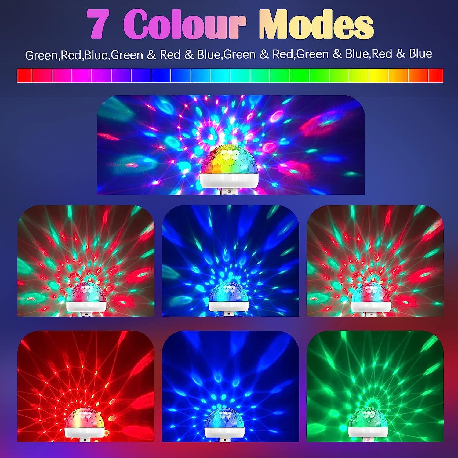 Seven panels showing different color modes of the disco light projection
