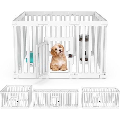 Plastic Dog Playpen 12 Panels 25.6'' H, Expandable & Durable Pet Fence for Small Dogs Cat Rabbit - Indoor Portable Puppy Playpen with Secure Locking Door, White