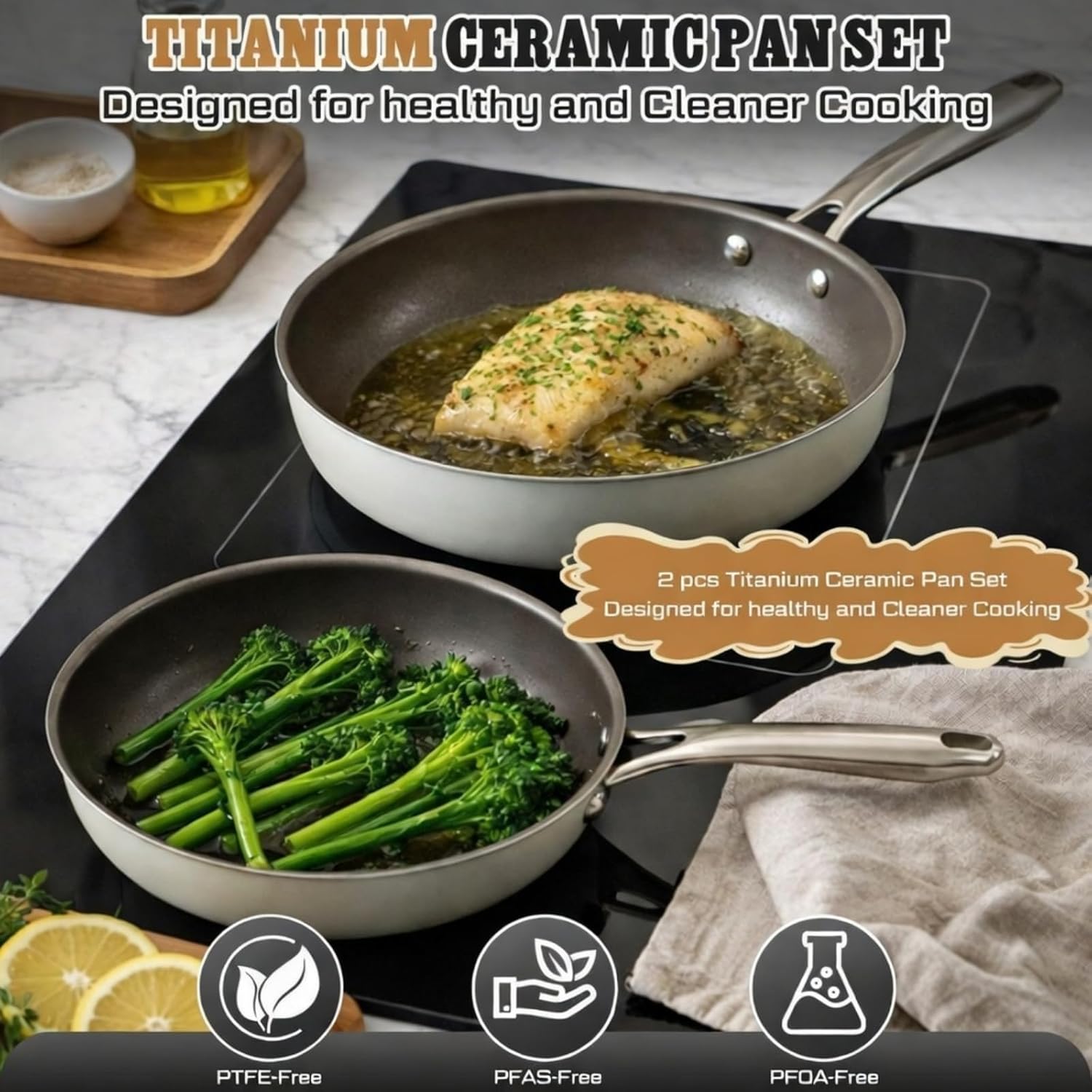 Hushee 2 Set Titanium Ceramic Pan, 9.45" 10.94" Nonstick Frying Skillet with Tempered Glass Lid, PTFE Free Non Toxic, Induction Compatible Skillet Set, Durable Easy-clean Cookware for Healthy Cooking