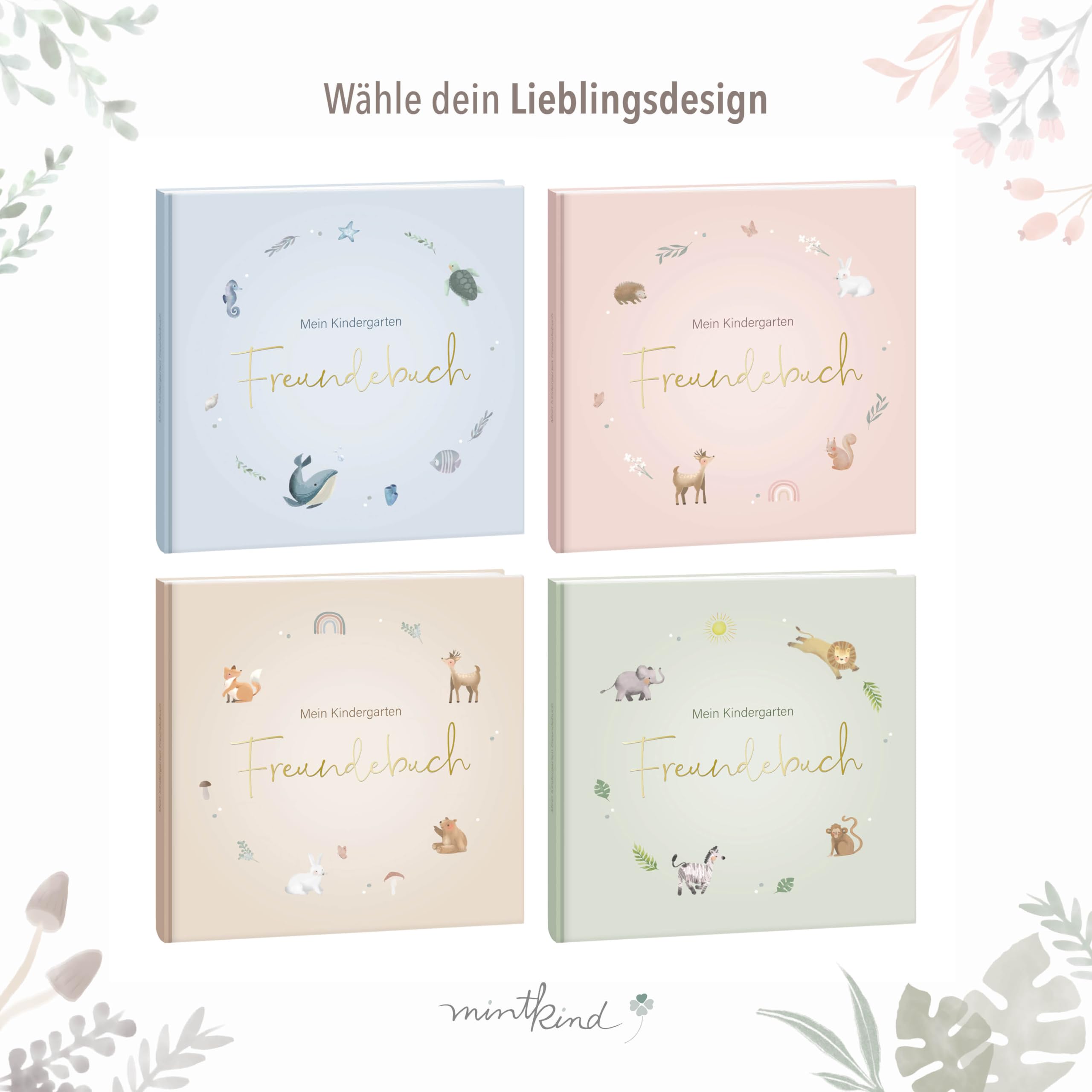 mintkind® Kindergarten Freundebuch Rosa, Freundschaftsbuch zum Ausfüllen, Freundebuch für den Kindergarten Mädchen und Jungen, kinderfreundliche Vorlagen und niedliche Illustrationen