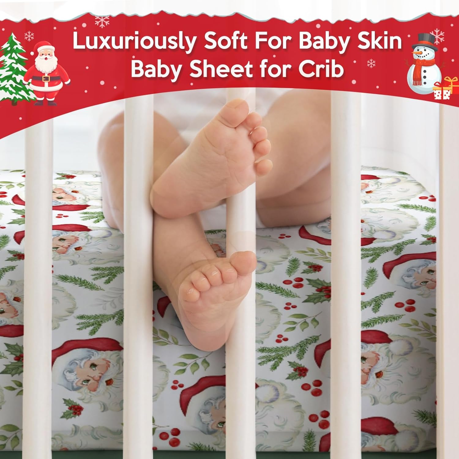 Cute Santa Claus Baby Crib Sheet 52''x28'' Christmas Cherry Fir Leaves Stretchy Fitted Crib Mattress Cover for Boy Girl Winter Holiday Soft Nursery Bed Sheets for Standard Crib and Toddler Mattress