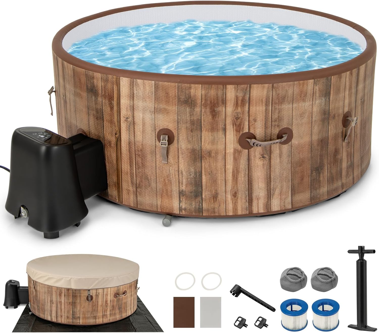 Goplus Inflatable Hot Tub SPA, 4-6 Person 72″ Round Pool Hottub W/ 120 Air Jets, Drop-Stitch Construction, Heater Pump, Filter, Energy-Efficient Thermal Cover, Ground Cloth, Portable Outdoor Water SPA