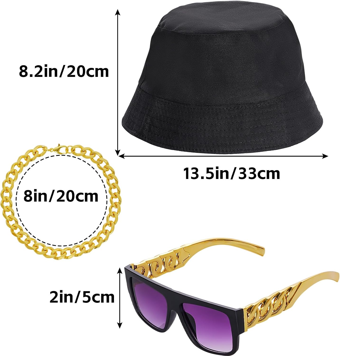 9 Pack 80s 90s Hip Hop Costumes Kit for Men, Gold Old School Rapper Sunglasses, Fake Gold Chain, Dollar Sign Ring&Chain, Bucket Hat Halloween Party Outfits Accessories - Image 2