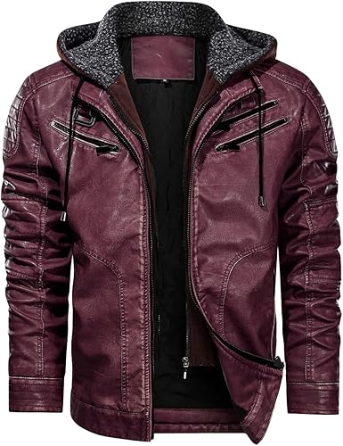 MANSDOUR Chaqueta de piel sintética para hombre, chaqueta de motociclista cálida con capucha extraíble