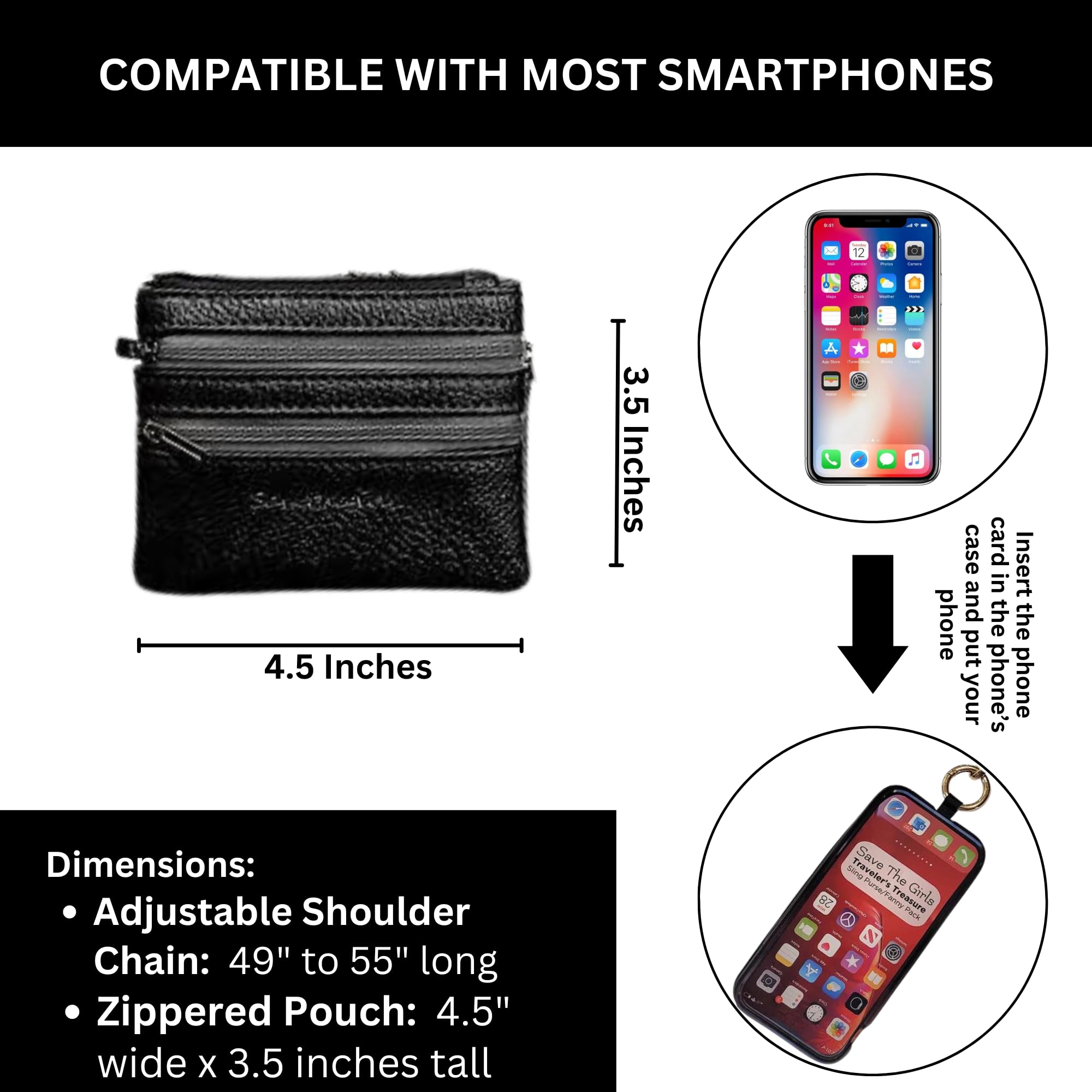 Save The Girls Original Clip And Go Phone Strap Pattern (Fun Dots - Dark Purple/Light Purple) - Crossbody Phone Strap Chain With Zipper Wallet Pouch – Phone Lanyard Zippered