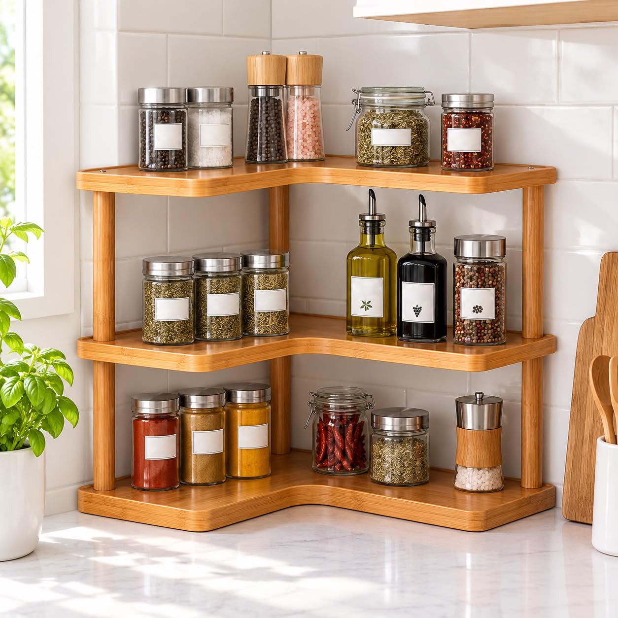 Organizador de Cocina 3 Niveles Madera Esquinero Especias Alacena y Plantas