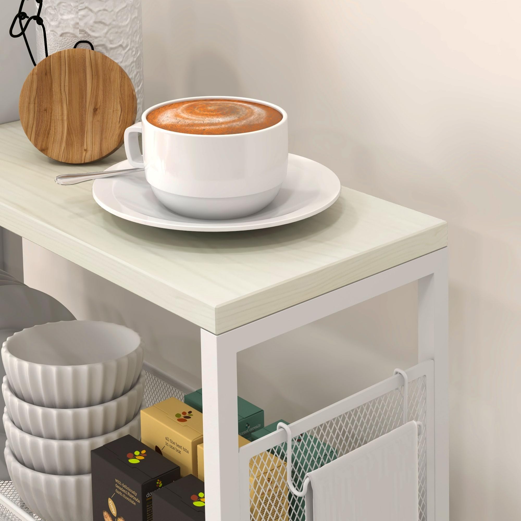 HOMCOM Desserte de Cuisine à roulettes Acier 58 x 18,5 x 87 cm Blanc | Chariot de Rangement, 3 Panier, 1 Panier Suspendu et Crochets, Chariot de Cuisine et Salle à Manger