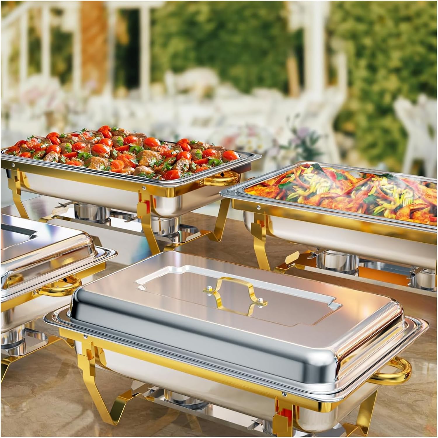 Chafing Dishes for Buffet 4 Pack, 9QT Gold and Silver Stainless Steel Chafing Dish Buffet Set Chafers and Buffet Warmers Sets for Any Party with Complete Set