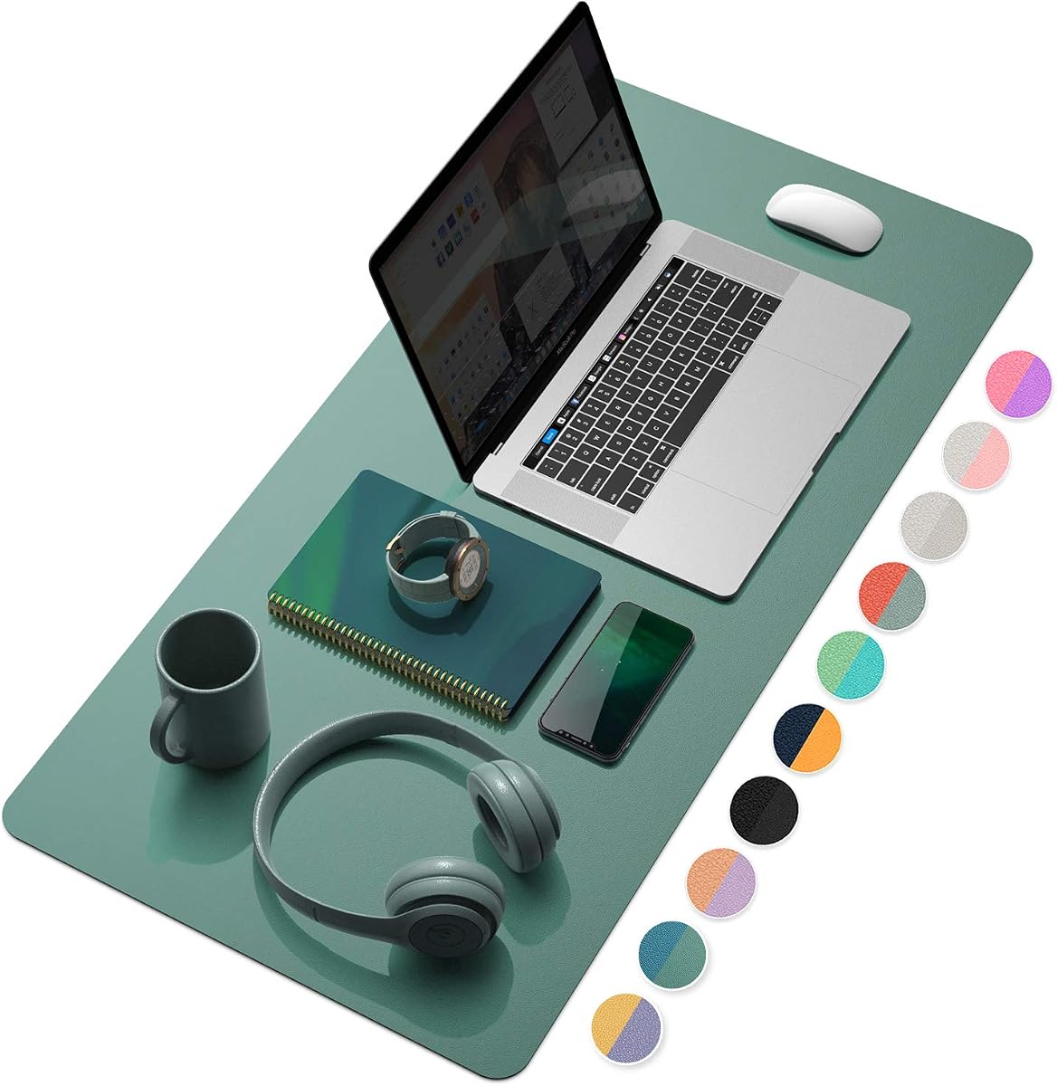 Almohadilla de escritorio YSAGi, alfombrilla de escritorio, protector de almohadilla de escritorio portátil de doble cara de 31.5" x 15.7", secador de escritorio de cuero grande para teclado y ratón, almohadilla de escritura de escritorio impermeable para oficina(verde pistacho + verde azul)