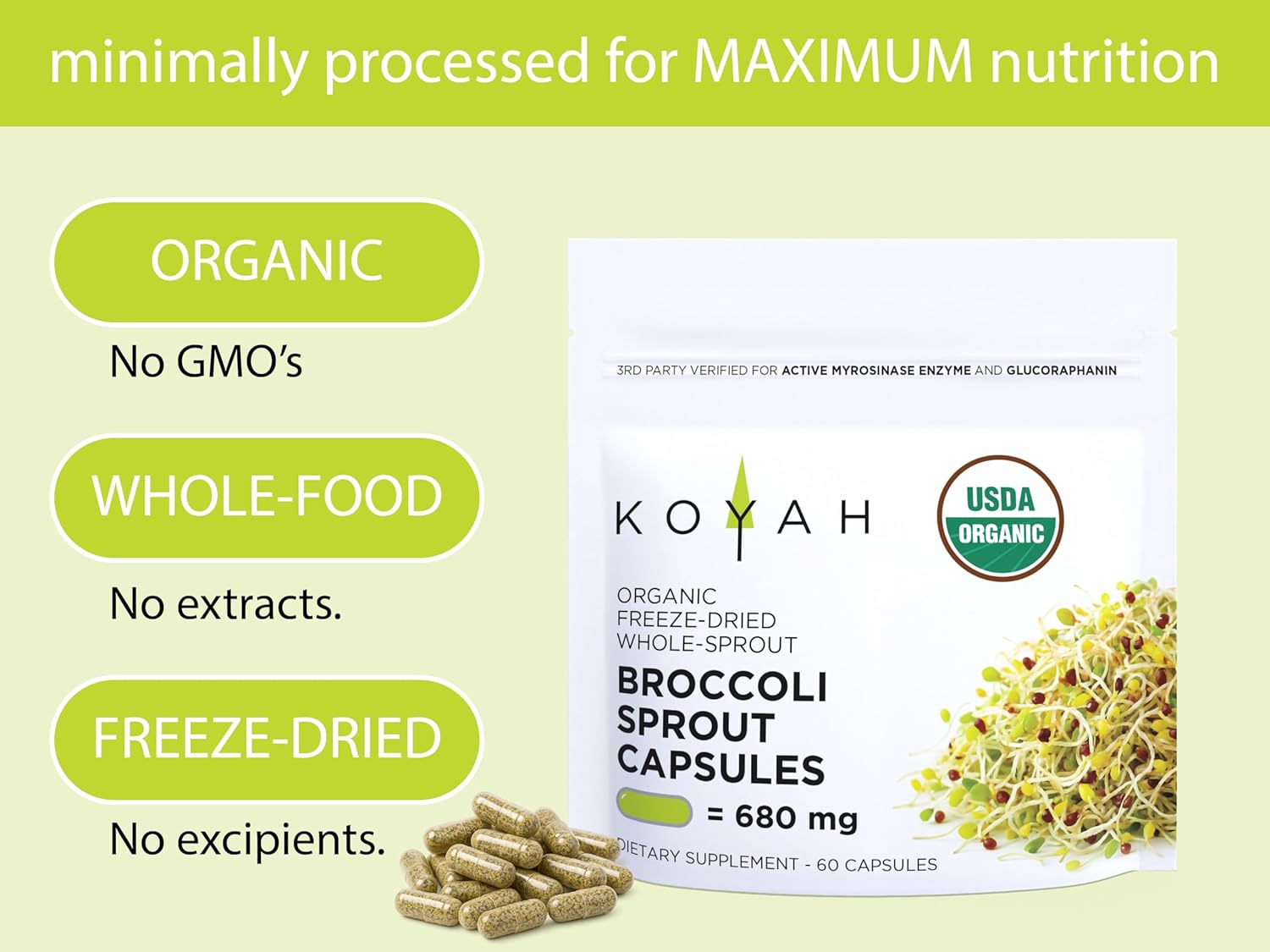 KOYAH - Organic Broccoli Sprout Capsules – Freeze-Dried Whole Broccoli Sprouts – 3rd Party Tested for Active Myrosinase & Glucoraphanin (Sulforaphane Glucosinolate) - 150 Capsules - Image 3