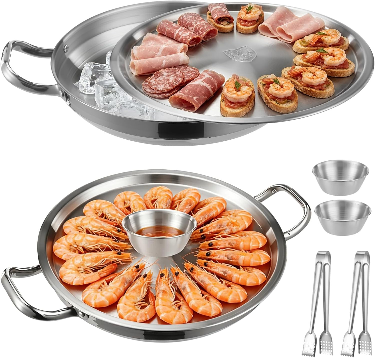2-Set Chilled Serving Tray,Stainless Steel Shrimp Cocktail Serving Dish,12 Inch Cold Food Buffet Server with Ice Trays,Tongs, and Sauce Dishes, Cold Chilled Seafood Serving Platters Set for Parties