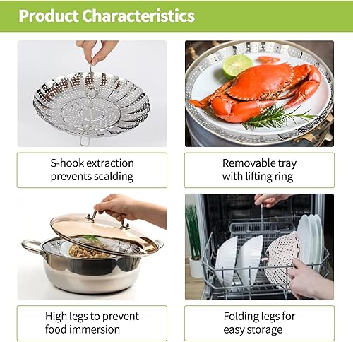 Miniatura 3 de Cesta de vapor expandible de 6 a 10.3 pulgadas para cocinar, vaporizador plegable de acero inoxidable de 3 generación (se adapta a todas las ollas