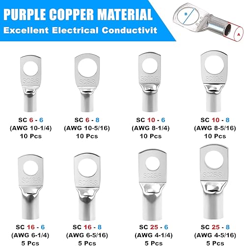 Miniatura 3 de Newdeli Herramienta de prensado de terminales de cable de batería 10-10 AWG con 60 terminales de anillo de cobre, juego de terminales de cable de 8